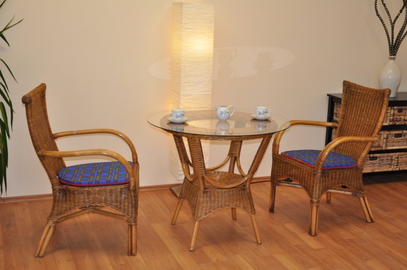Ratanová jídelní souprava Wanuta small brown wash polstr modrý
