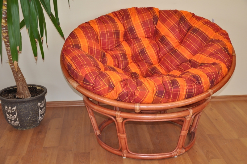 Ratanový papasan 110 cm koňak, polstr oranžová kostka