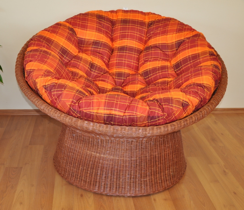 Ratanový papasan wicker koňak polstr oranžová kostka