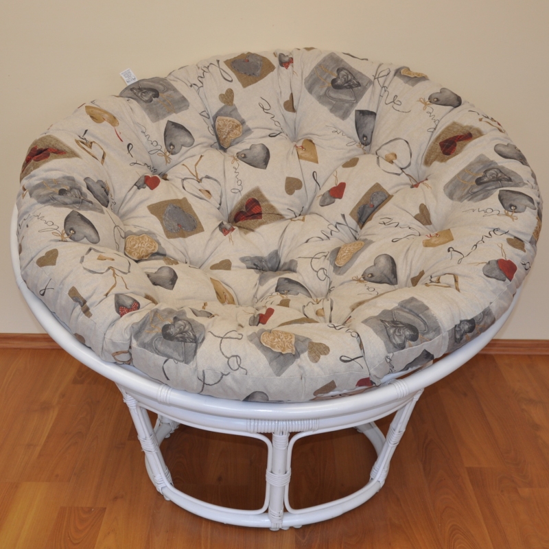 Ratanový papasan 110 cm bílý polstr motiv srdce LOVE