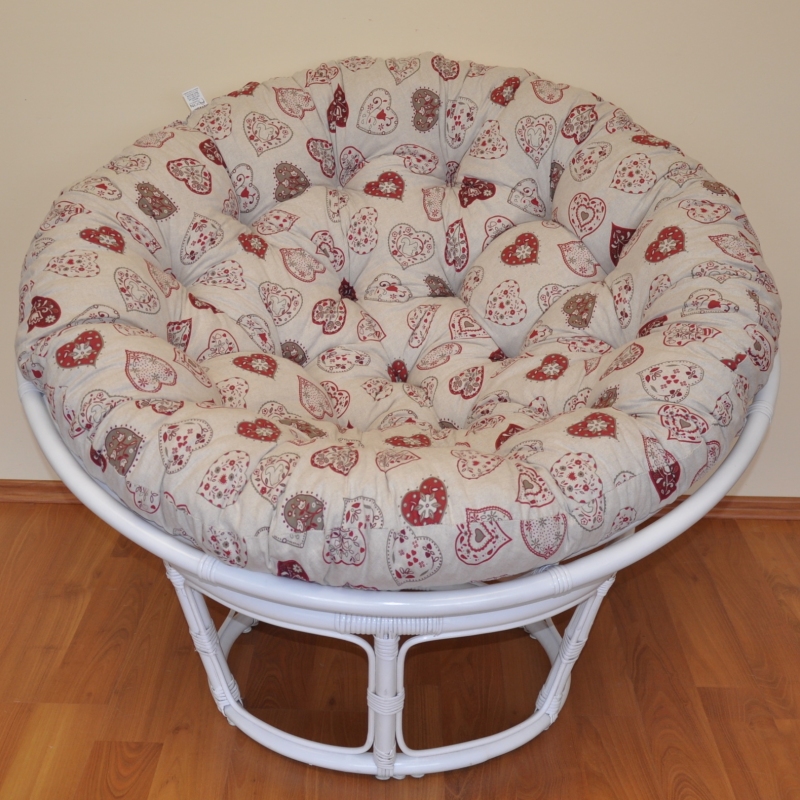 Ratanový papasan 110 cm bílý polstr motiv červená srdce