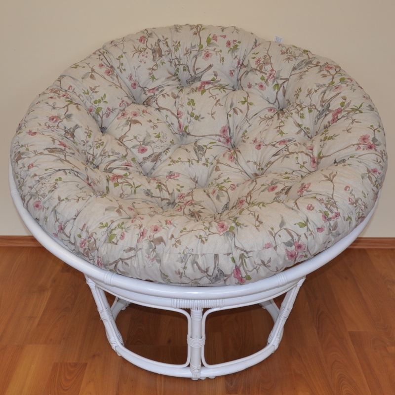 Ratanový papasan 100 cm bílý, polstr motiv ptáci