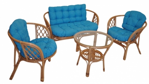Ratanová sedací souprava Bahama tmavý med velká polstry tyrkysový melír